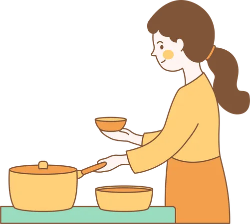 Personaje de mujer linda está cocinando con sartén en la cocina  Ilustración