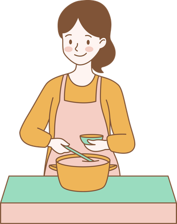 Lindo personaje femenino está cocinando con una sartén en la cocina  Ilustración