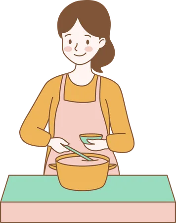 Lindo personaje femenino está cocinando con una sartén en la cocina  Ilustración