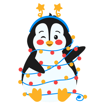 Lindo Pingüino Con Lámpara De Navidad  Ilustración