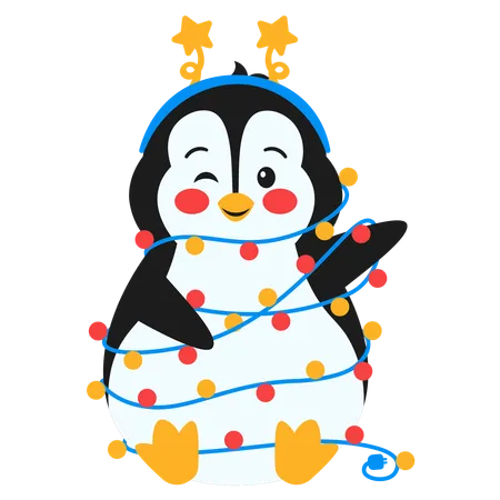 Lindo Pingüino Con Lámpara De Navidad  Ilustración