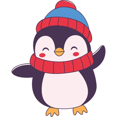 Lindo pingüino con sombrero chal en invierno  Ilustración