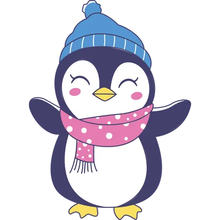 Lindo pingüino con sombrero chal en invierno  Ilustración