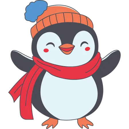 Lindo pingüino con sombrero chal en temporada de invierno  Ilustración