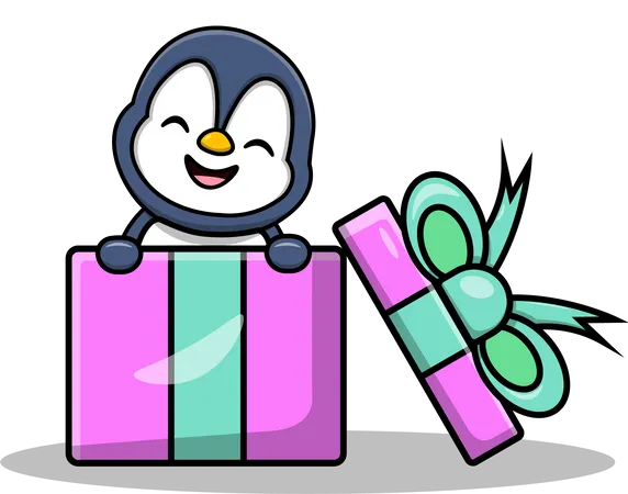 Lindo pingüino en caja de regalos  Ilustración
