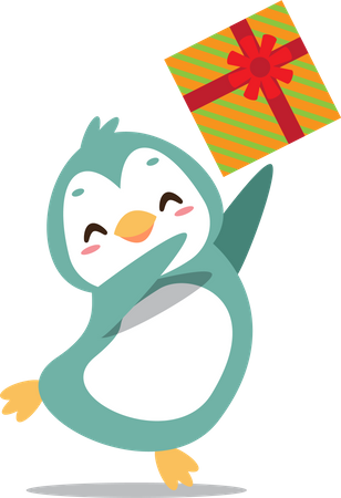 Lindo pingüino feliz lanzando regalo de Navidad  Ilustración