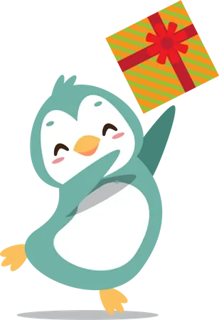 Lindo pingüino feliz lanzando regalo de Navidad  Ilustración