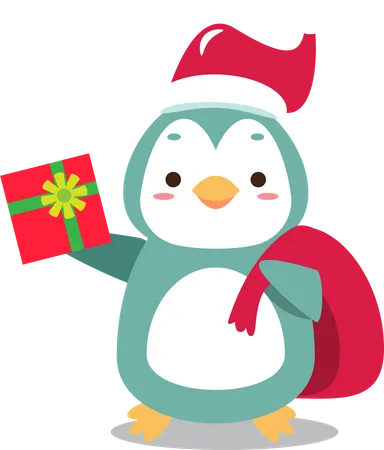 Lindo pingüino de Santa con saco dando regalo de Navidad  Ilustración