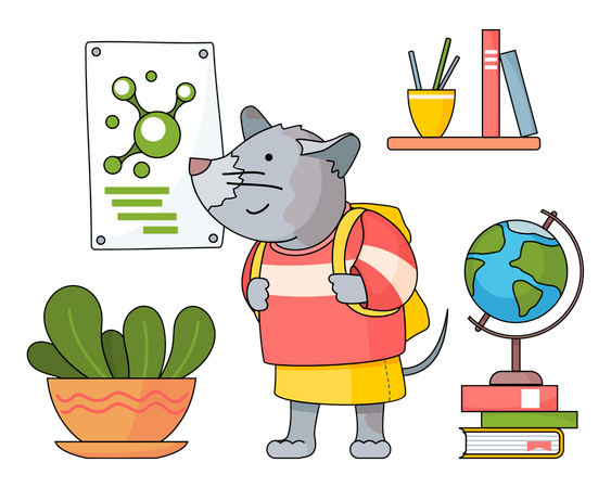 Lindo estudiante ratón con mochila  Ilustración