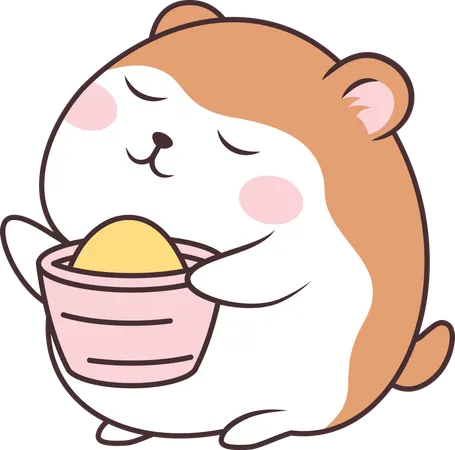 Lindo ratón hámster marrón con patata en su tazón  Ilustración