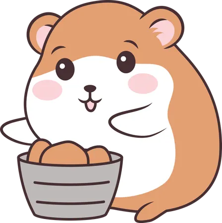 Lindo ratón hámster marrón con patata en su tazón  Ilustración