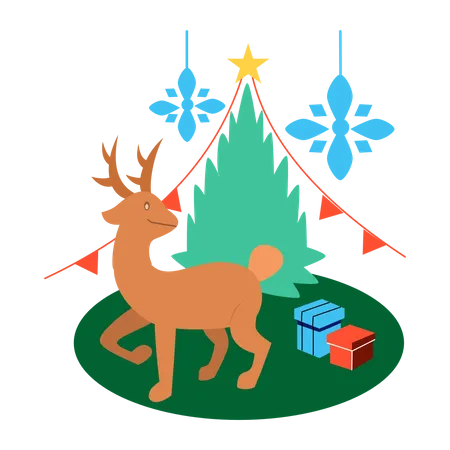 Lindo reno con árbol de Navidad decorado  Ilustración