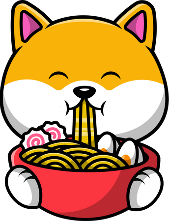 Lindo Shiba Inu comiendo fideos ramen  Ilustración