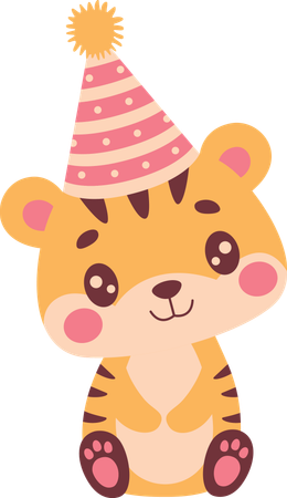 Lindo tigre con sombrero de cumpleaños  Ilustración