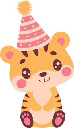 Lindo tigre con sombrero de cumpleaños  Ilustración