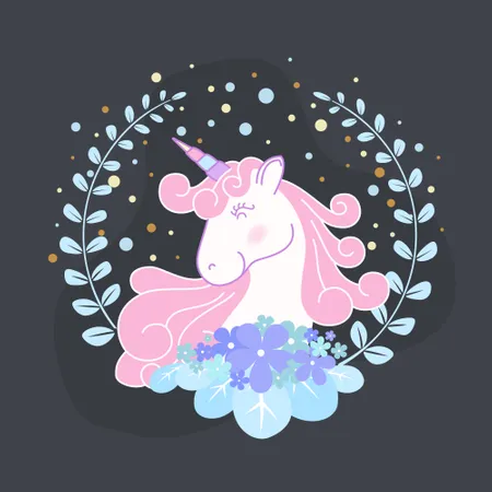 Lindo unicornio y corona de flores.  Ilustración