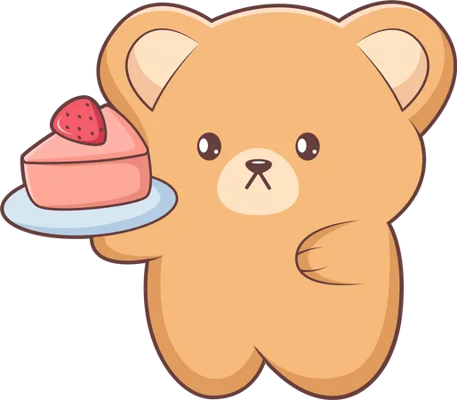 Ursinho fofo segurando bolo de morango  Ilustração