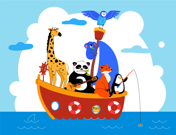 Lindos animales en barco en el mar.  Ilustración