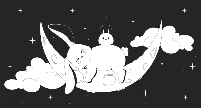 Lindos conejitos de luna durmiendo en la noche creciente  Ilustración