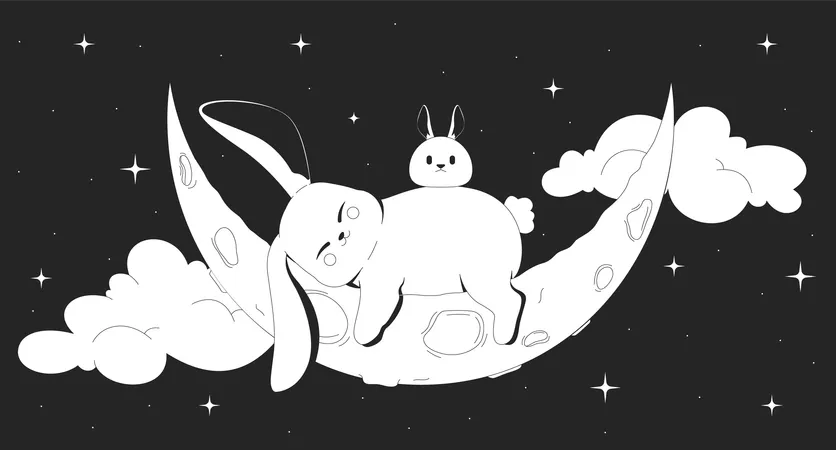 Lindos conejitos de luna durmiendo en la noche creciente  Ilustración