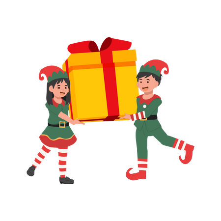 Lindos jóvenes elfos navideños con gran caja de regalo,  Ilustración