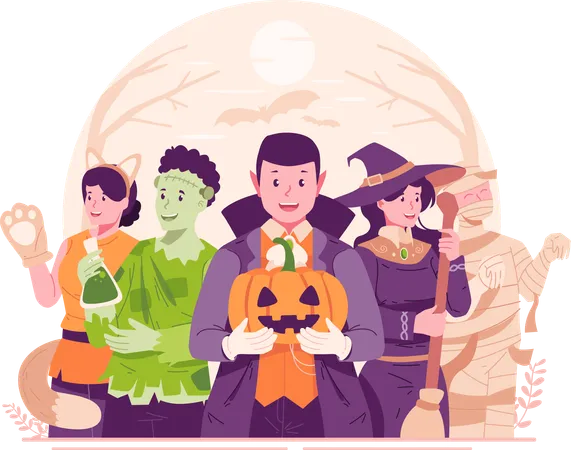 Lindos niños felices disfrazados con varios disfraces de Halloween celebrando Halloween  Ilustración
