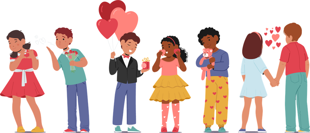 Lindos personajes del día de San Valentín, niños y niñas, que sienten amor y se sonrojan y sonríen.  Ilustración