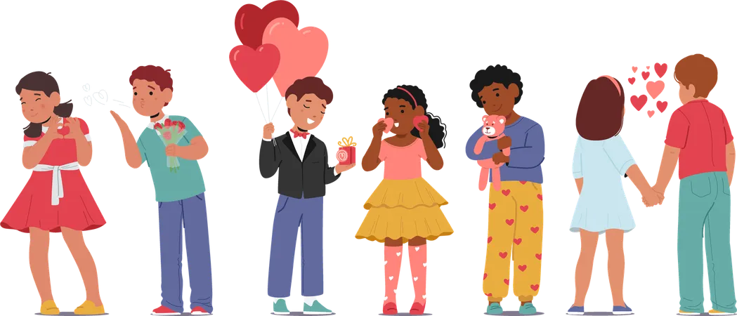 Lindos personajes del día de San Valentín, niños y niñas, que sienten amor y se sonrojan y sonríen.  Ilustración