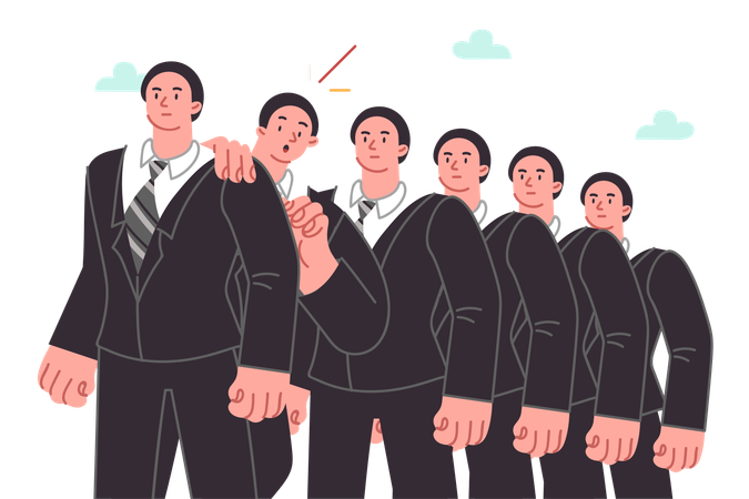Line of brave businessmen and one frightened guy waiting for interview for position of manager  Illustration