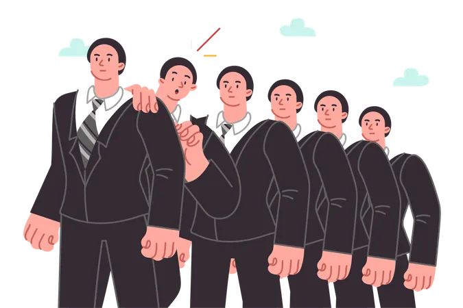 Line Of Brave Business Men And One Frightened Guy Waiting For Interview For Position Of Manager Line Of Office Employees In Formal Clothes Standing Against Sky And Ready To Solve Business Problems Illustration