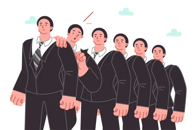 Line of brave businessmen and one frightened guy waiting for interview for position of manager  Illustration