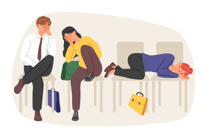 Line of people at labor exchange sleeping on chairs and waiting for new vacant position in company  Illustration