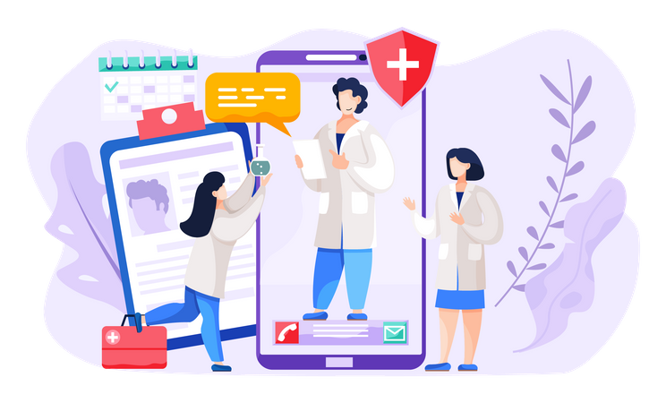 L'infirmière communique avec le médecin à distance avec une application médicale  Illustration