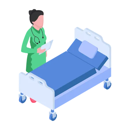 L'infirmière se tient près du lit d'hôpital  Illustration