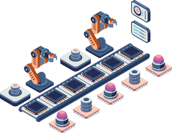 Linha de montagem robótica isométrica para fabricação de semicondutores  Ilustração