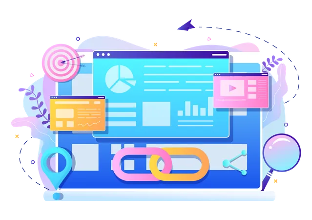 SEO Link Building As Search Engine Optimization Marketing And Digital For Home Page Development Or Mobile Applications Vector Illustration 일러스트레이션