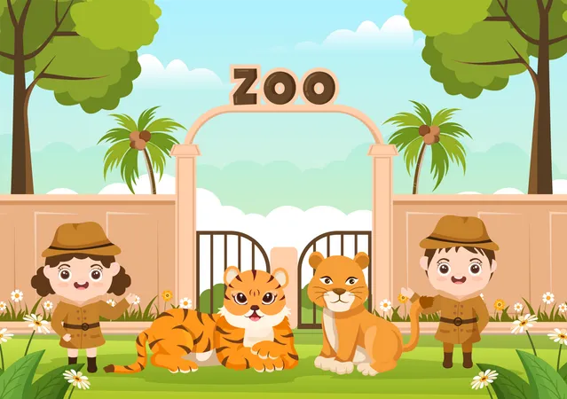 Lion and tiger with kids  Illustration