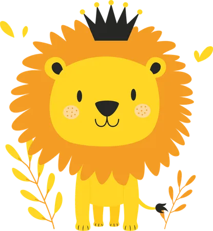 Lion avec une couronne debout avec une expression heureuse  Illustration