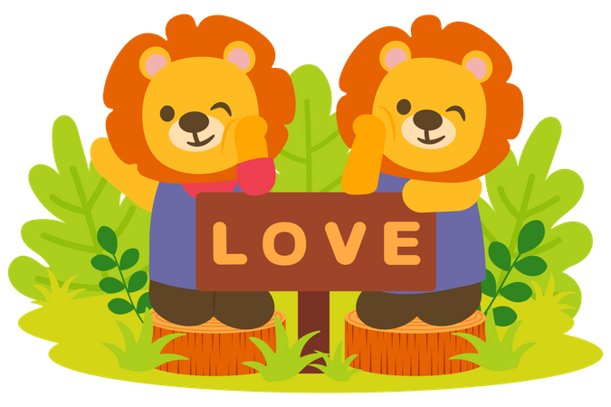 Lion couple standing with love board  イラスト