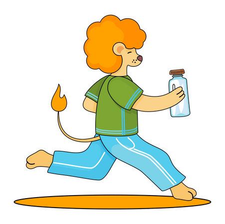 Lion cub running with glass jar  Illustration