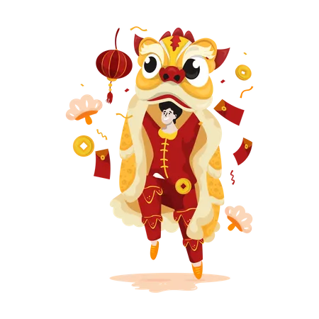 A Man With Lion Dance Performance For 2022 Chinese New Year Greetings Post 일러스트레이션