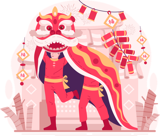 Lion Dance Performers Dancing in the Chinese New Year Celebration  Illustration