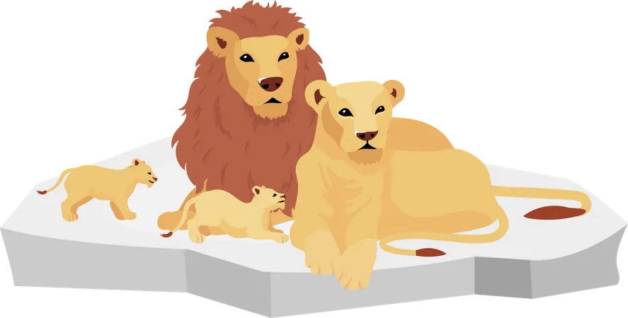 Lion Family On Rock Flat Color Vector Illustration Southern Predator Creatures Adult Feline With Cubs Lioness With Baby African Animals Isolated Cartoon Character On White Background Illustration