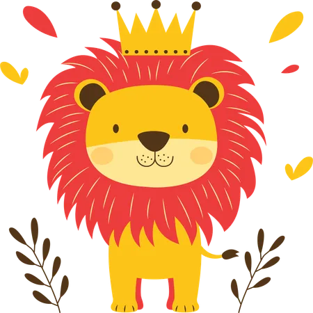 Lion heureux avec une couronne de roi  Illustration