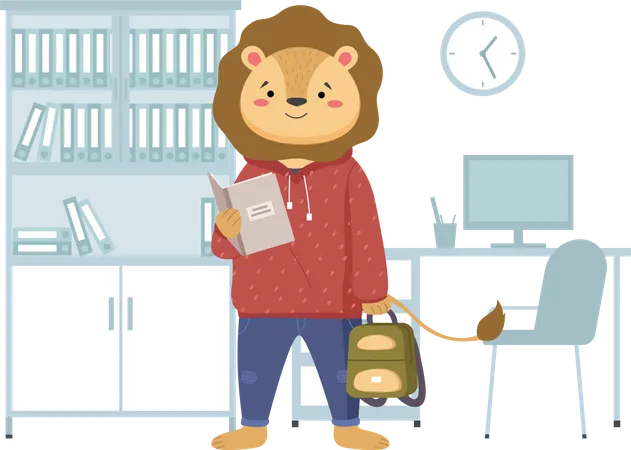 Funny Cartoon Animal Student A Lion Schoolboy In Uniform Standing With A Notebook And A Backpack Back To School Concept Active Pupil Looks At The Copybook And Does His Homework In The Class Illustration