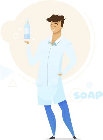 Liquid Soap Manufacturing Flat Color Vector Illustration Young Male Caucasian Chemist Soapmaking Cosmetics Manufacturer In Coat Isolated Cartoon Character On White Background Illustration