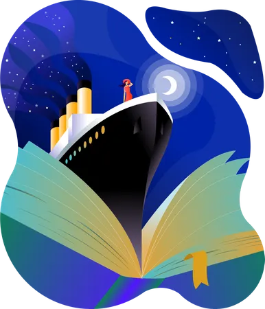 Lecteur Jolie Fille Livre Illustrations Vectorielles Rever Capitaine Mer Marin Vie Marine Apprendre Bateau Voyage Education Illustration