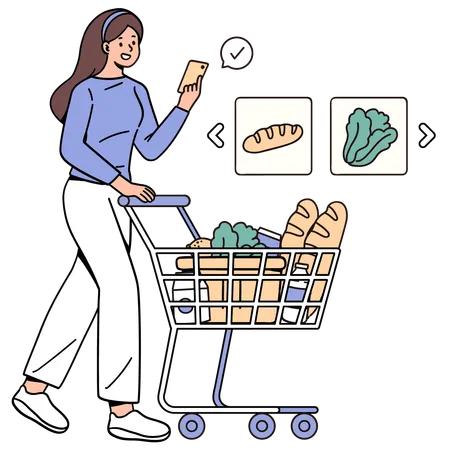 Lista de compras para comprar en la tienda.  Ilustración