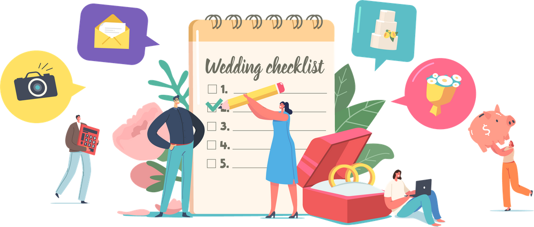 Lista de verificación para completar la planificación de la boda de una pareja antes del matrimonio  Ilustración