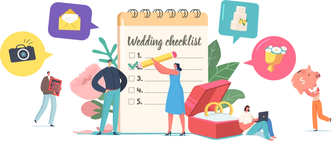 Lista de verificación para completar la planificación de la boda de una pareja antes del matrimonio  Ilustración